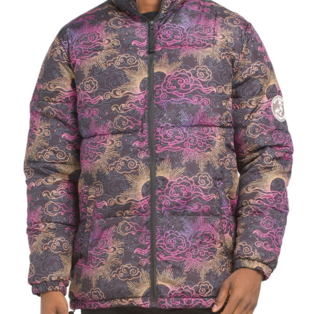 WESC Cloudy Moon and Crescent Puffer Jacket Vegan Unisex Night Sky Size M